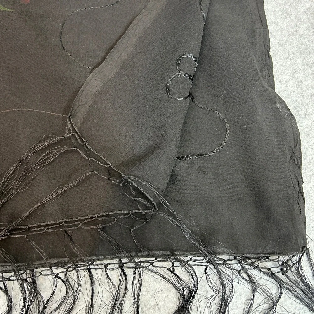 Black‎ Hand Painted Unbranded Scarf Floral Sheer Chiffon Fringe Wrap 70